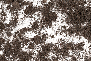 Fertilized organic pile soil isolated on white background. Dirty earth on white background. natural black earth