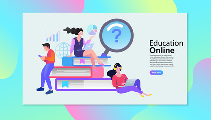 E-learning, online education or home schooling concept. People using mobile phone and computer for courses or tutorials. Flat Vector illustration.