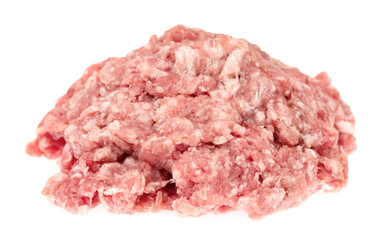 Raw minced meat isolated on white background. Chopped meat background.  fresh raw ground pork heap. Top view.
