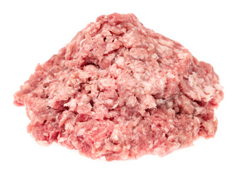 Raw minced meat isolated on white background. Chopped meat background.  fresh raw ground pork heap. Top view.