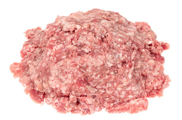 Raw minced meat isolated on white background. Chopped meat background.  fresh raw ground pork heap. Top view.