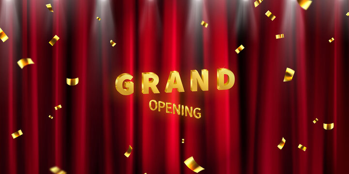 Red curtain background. Grand opening event design. confetti gold ribbons. luxury greeting rich card.