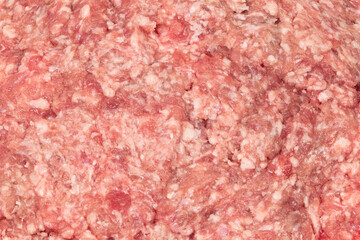 Raw minced meat texture background. Chopped meat background.  fresh raw ground pork heap. Top view.