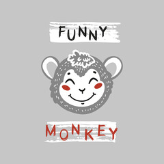 Funny Monkey Face. Cute Marmoset Head for Tee Print Design for Kids. Vector Cartoon Little Baby Animal. Scandinavian Card, Print or Poster Design
