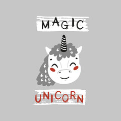 Magic Unicorn Horse Face. Cute Unicorn Head for Tee Print Design for Kids. Vector Cartoon Little Baby Animal. Scandinavian Card, Print or Poster Design
