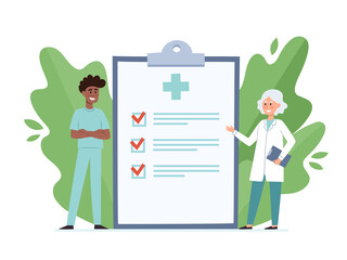 Cartoon vector illustration of doctor and nurse near big clipboard