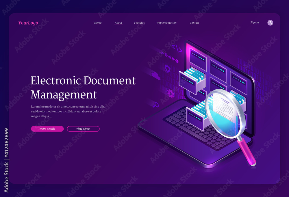 Wall mural electronic document management banner. online paperwork storage, digital system of organization and 