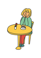 Girl drink coffee or tea at cafe table. Hand drawn doodle vector illustration.