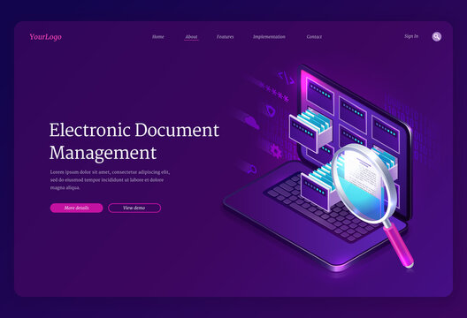 Electronic document management banner. Online paperwork storage, digital system of organization and find docs. Vector landing page of manage business papers with isometric laptop and magnifier