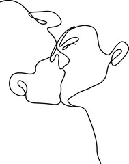 Minimalistic face line illustration of couple kissing. Abstract vector man and woman. Black and white on white background. One line drawing