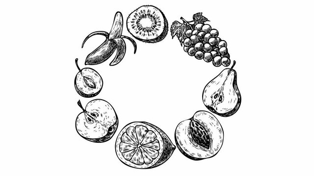 Animated circle frame from hand drawn fresh fruits with copy space. Organic food set from banana, apple, pear, plum, lemon, kiwi, peach. Vector illustration on the white background. 