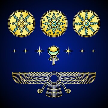 Cartoon drawing: ancient Sumerian symbols.  Marduk, Shamash, Ishtar. Winged deity. Vector illustration isolated on a dark background.