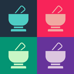 Pop art Mortar and pestle icon isolated on color background. Vector.