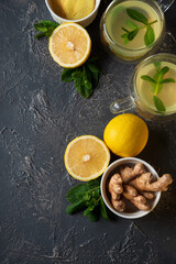 Ginger tea with mint, lemon and honey on concrete background. Top view