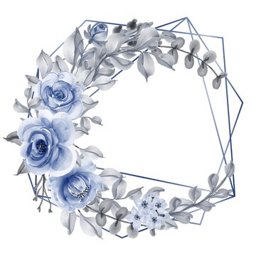 rose with leaf navy blue watercolor wreath geometric