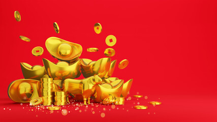 Gold coins and Chinese gold ingot on red background , 3D Rendering