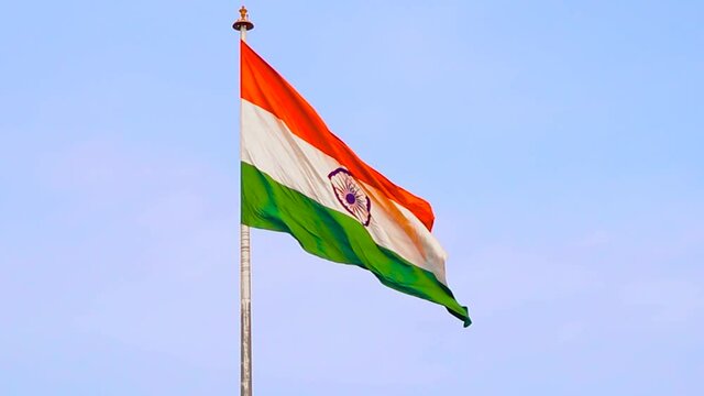 Wagah Border, National Highway 1 PB, Wagah, Hardo Rattan, Amritsar, Punjab - January 07, 2019 : India Flag With Clear Blue Sky In The Background