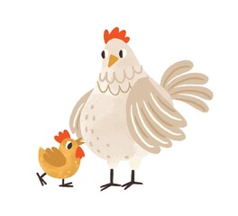 Cute hen standing with yellow chicken. Funny mom and baby birds. Colorful textured flat vector illustration isolated on white background