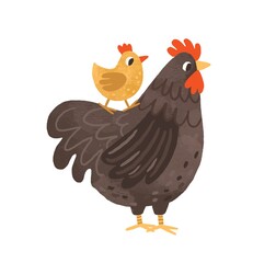 Cute hen standing with yellow chicken on its back. Funny mom and baby birds. Colorful textured flat vector illustration isolated on white background