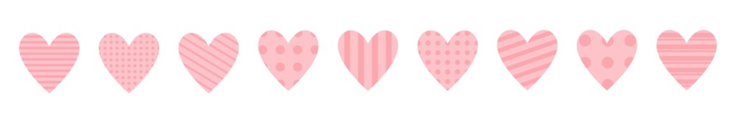 Pink heart icon set. Happy Valentines day. Cute polka dot, line pattern. Love sign symbol simple template. Greeting card. Decoration element. Square composition. Flat design. Isolated White background
