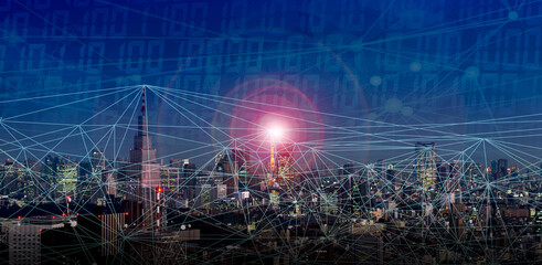 都市とネットワーク　スマートシティー　IoT - obrazy, fototapety, plakaty