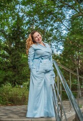  Business people lifestyle, lady plus size model in linen suit, spring - summer collection 