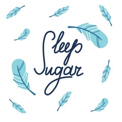 Fototapeta na wymiar Sleep sugar quote modern hand drawing lettering with feathers. Vector illustration concept