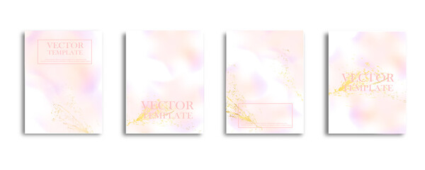 Abstract dusty pink Fluid creative template, cards, color covers set. Geometric design, liquids, shapes with gold foil glitter.