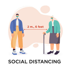 Social distancing concept. Man and elderly woman character wearing surgical or medical face mask maintain social distancing to prevent from virus spreading and flu prevention. Isolated on background