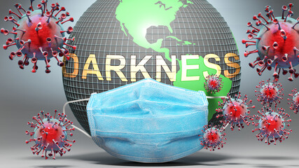 Darkness and covid - Earth globe protected with a blue mask against attacking corona viruses to show the relation between Darkness and current events, 3d illustration