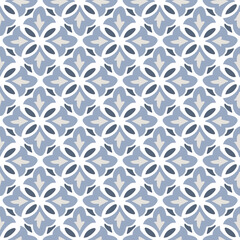 Hand drawn blue Moroccan seamless pattern for Ramadan Kareem greeting cards, islamic backgrounds, fabric, web banners. Portuguese azulejos tile design. Decorative vector illustrations.