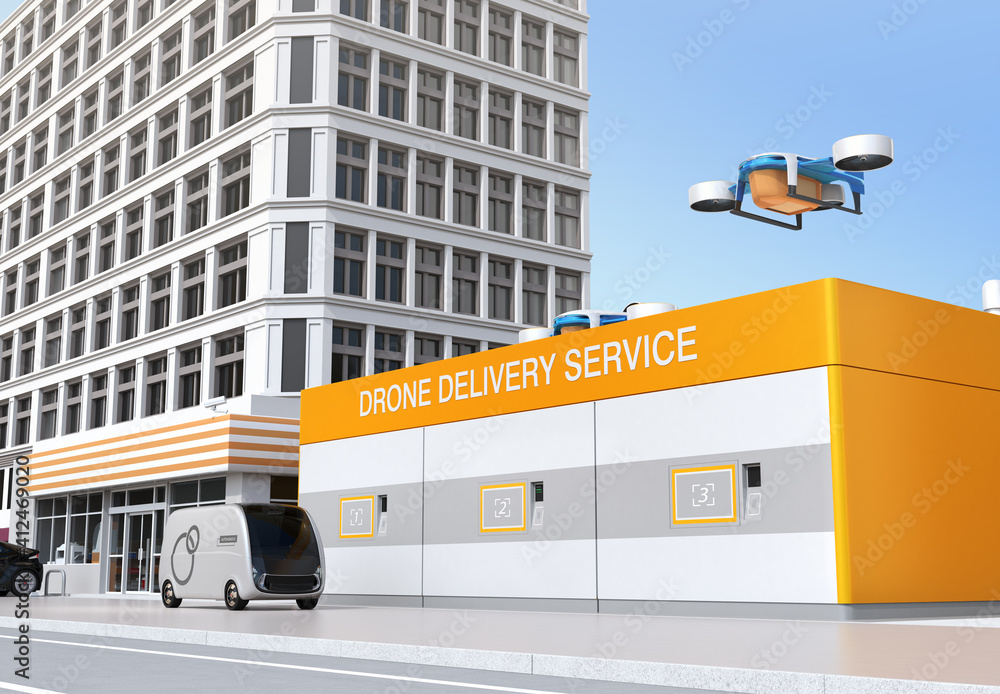 Poster delivery drones takeoff and landing on the launch pad. last one mile concept. 3d rendering image.