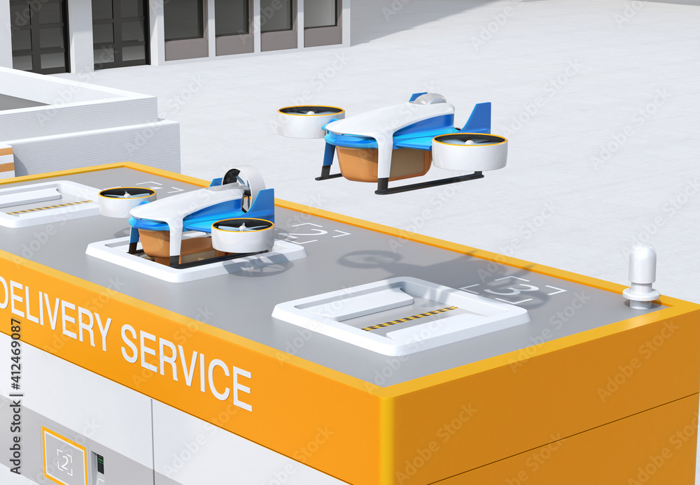 Poster close-up view of delivery drones takeoff and landing on the launch pad. last one mile concept. 3d re