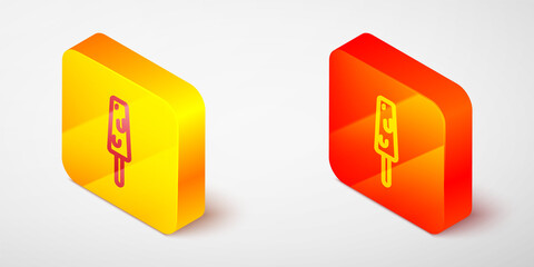 Isometric line Ice cream on stick icon isolated on grey background. Sweet symbol. Yellow and orange square button. Vector.