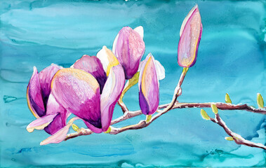 Pink magnolia against clear blue sky, painting in alcohol inks, spring theme