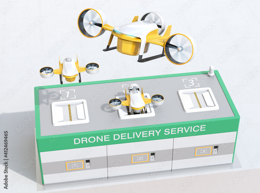 Poster delivery drones takeoff and landing on the launch pad. last one mile concept. 3d rendering image.