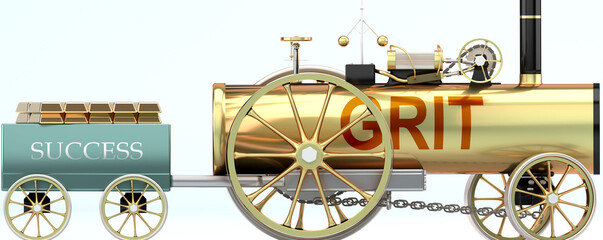Grit and success - symbolized by a retro steam car with word Grit pulling a success wagon loaded with gold bars to show that Grit is essential for prosperity and success in life, 3d illustration