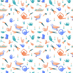 Vector seamless pattern of colored lake cans, rakes, shovels, scissors, pruners, flowers, rubber boots, carts, gloves. pattern of garden tools on a white background.Vector illustration in flat style