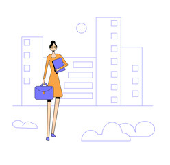 Business woman goes to the office. woman with folders and a briefcase in her hands hurries to the office. Vector illustration in a trendy style.