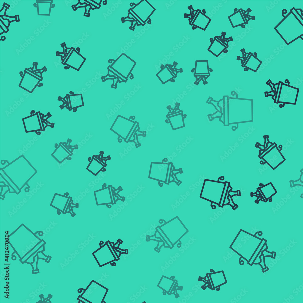 Poster Black line Beer bottles in ice bucket icon isolated seamless pattern on green background. Vector.