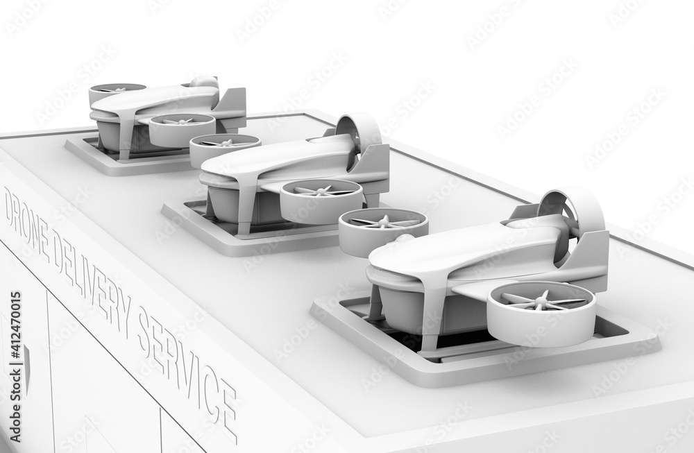 Aufkleber clay rendering of delivery drones parking on the launch pad. last one mile concept. 3d rendering ima