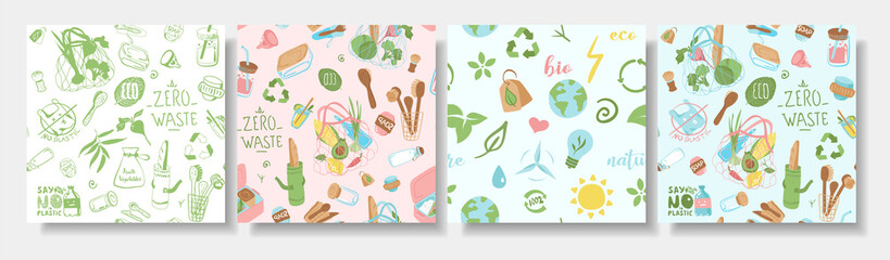 Collection of patterns about ecology, plants, eco friendly packaging, fruits. Flat vector illustration	