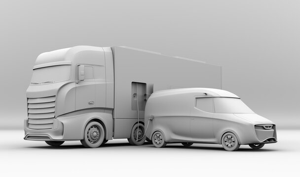 Clay rendering of electric delivery van charging from a power supply truck. Mobile charging station concept. 3D rendering image.