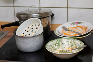 Dirty dishes on the electric stove