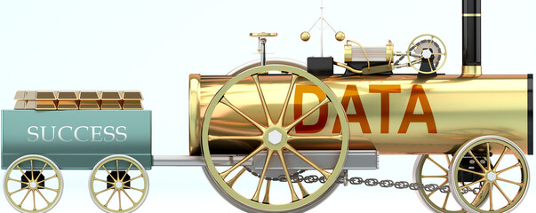 Data and success - symbolized by a retro steam car with word Data pulling a success wagon loaded with gold bars to show that Data is essential for prosperity and success in life, 3d illustration