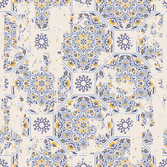 Seamless vintage pattern with an effect of attrition. Patchwork tiles. Hand drawn seamless abstract pattern from tiles. Azulejos tiles patchwork. Portuguese and Spain decor.	