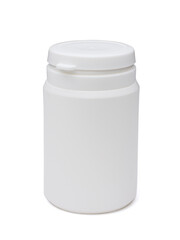 Closed lid medical plastic bottle on white background with shadow