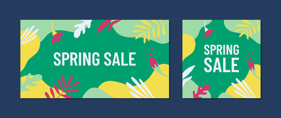 Spring sale concept. Web banners templates with floral elements and abstract shapes in bright colors.