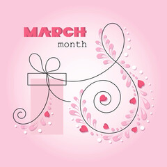 Romantic gift. International Womens Day. March, 8. Greeting card, frame with hearts in a spiral and gift. Design for holiday discounts and sales. Vector illustration.