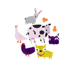 flat vector, set of pets on white background. cow, dog, goose, chicken cat